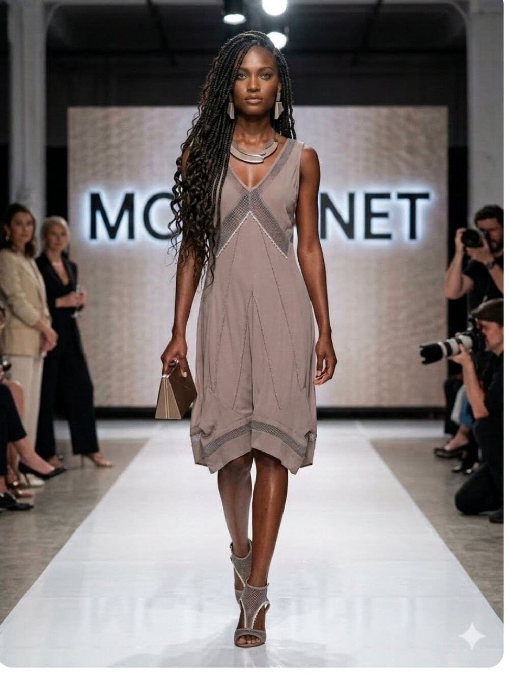 Soft Taupe V-Neck Mesh-Trim Slip Dress